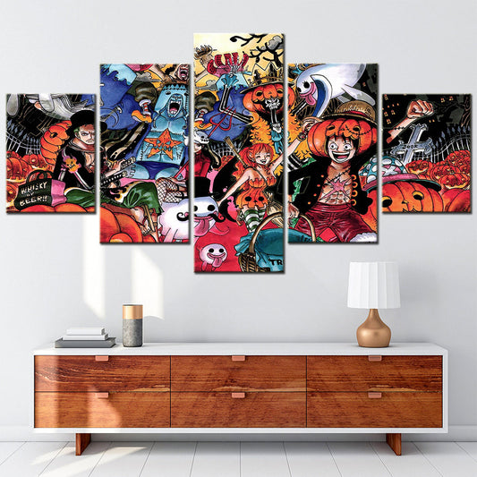 One Piece Canvas Wall Art - Halloween Luffy & Zoro 5 Piece Split Panel Anime Poster - Framed Ready to Hang Living Room & Man Cave Decor - OP5105
