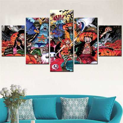 One Piece Canvas Wall Art - Halloween Luffy & Zoro 5 Piece Split Panel Anime Poster - Framed Ready to Hang Living Room & Man Cave Decor - OP5105