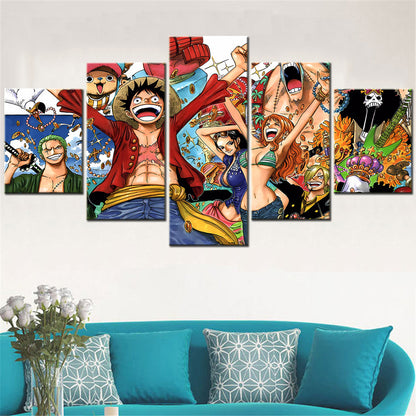 One Piece Canvas Wall Art - Luffy Zoro Nami Robin 5 Piece Split Panel Anime Poster - Framed Ready to Hang Living Room & Man Cave Decor - OP5106