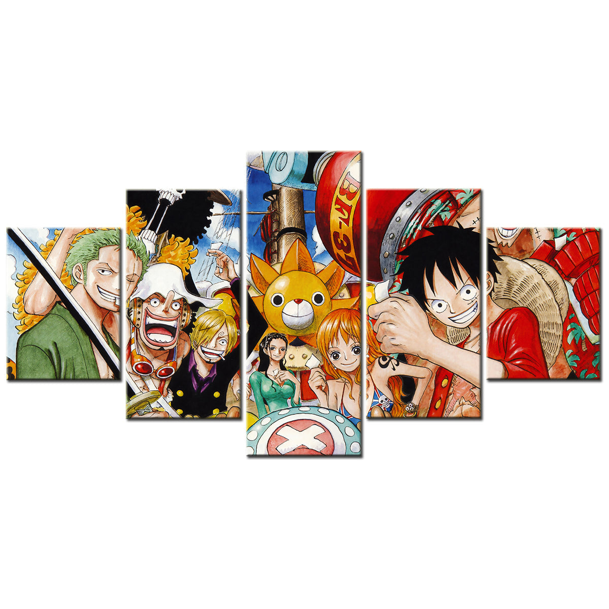 One Piece Canvas Wall Art - Luffy Zoro Sanji Straw Hat Crew 5 Piece Split Panel Anime Poster - Framed Ready to Hang Living Room & Man Cave Decor - OP5107