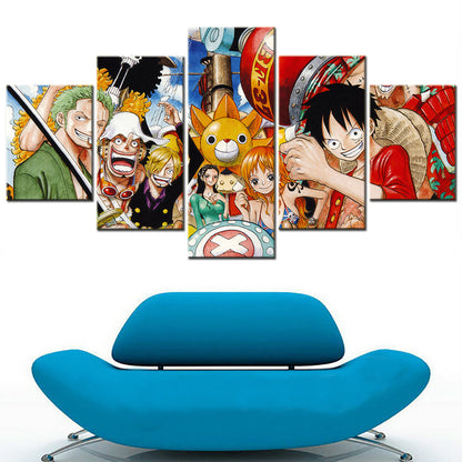 One Piece Canvas Wall Art - Luffy Zoro Sanji Straw Hat Crew 5 Piece Split Panel Anime Poster - Framed Ready to Hang Living Room & Man Cave Decor - OP5107