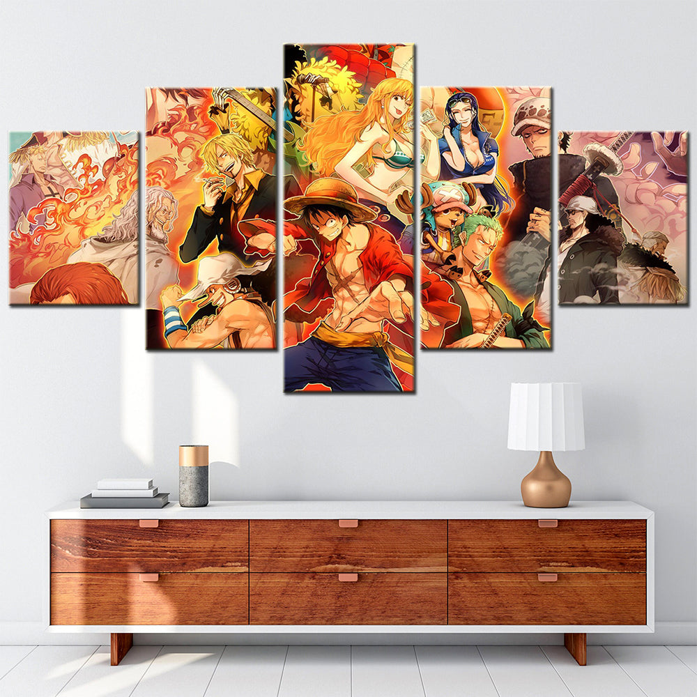 One Piece Canvas Wall Art - Luffy Zoro Sanji Straw Hat Crew 5 Piece Split Panel Anime Poster - Framed Ready to Hang Living Room & Man Cave Decor - OP5108