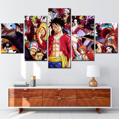 One Piece Canvas Wall Art - Luffy Zoro Sanji Straw Hat Crew 5 Piece Split Panel Anime Poster - Framed Ready to Hang Living Room & Man Cave Decor - OP5109