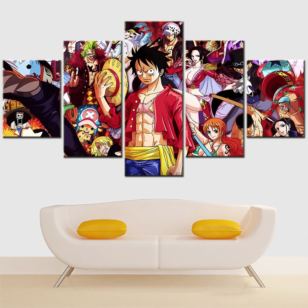 One Piece Canvas Wall Art - Luffy Zoro Sanji Straw Hat Crew 5 Piece Split Panel Anime Poster - Framed Ready to Hang Living Room & Man Cave Decor - OP5109