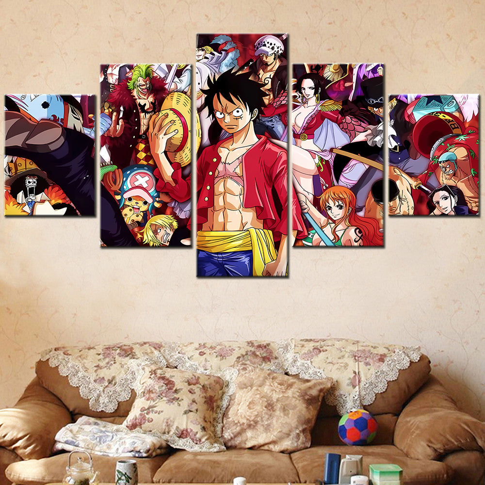 One Piece Canvas Wall Art - Luffy Zoro Sanji Straw Hat Crew 5 Piece Split Panel Anime Poster - Framed Ready to Hang Living Room & Man Cave Decor - OP5109