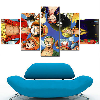 One Piece Canvas Wall Art - Luffy Zoro Sanji Straw Hat Crew 5 Piece Split Panel Anime Poster - Framed Ready to Hang Living Room & Man Cave Decor - OP5110