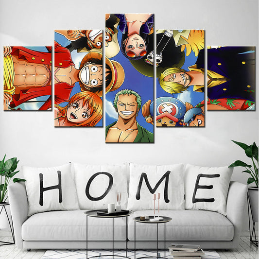 One Piece Canvas Wall Art - Luffy Zoro Sanji Straw Hat Crew 5 Piece Split Panel Anime Poster - Framed Ready to Hang Living Room & Man Cave Decor - OP5110