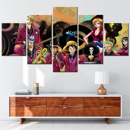 One Piece Canvas Wall Art - Luffy Zoro Sanji Straw Hat Crew 5 Piece Split Panel Anime Poster - Framed Ready to Hang Living Room & Man Cave Decor - OP5111