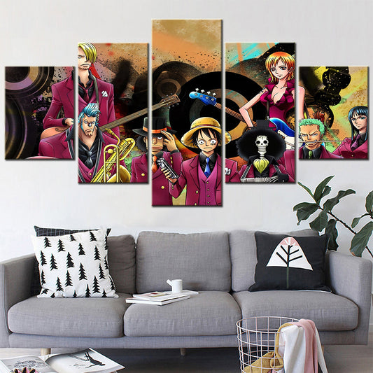 One Piece Canvas Wall Art - Luffy Zoro Sanji Straw Hat Crew 5 Piece Split Panel Anime Poster - Framed Ready to Hang Living Room & Man Cave Decor - OP5111