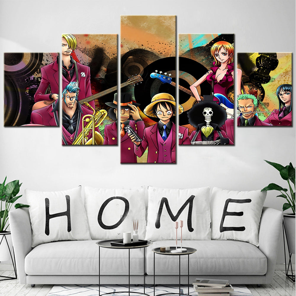 One Piece Canvas Wall Art - Luffy Zoro Sanji Straw Hat Crew 5 Piece Split Panel Anime Poster - Framed Ready to Hang Living Room & Man Cave Decor - OP5111