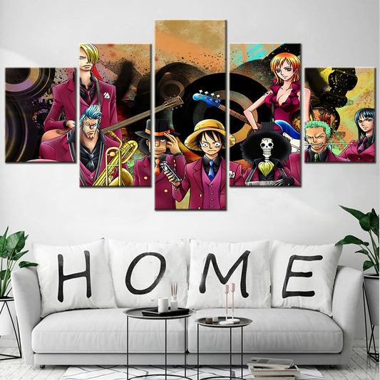 One Piece Canvas Wall Art - Luffy Zoro Sanji Straw Hat Crew 5 Piece Split Panel Anime Poster - Framed Ready to Hang Living Room & Man Cave Decor - OP5111