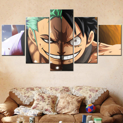One Piece Canvas Wall Art - Luffy & Zoro Three Sword Style 5 Piece Split Panel Anime Poster - Framed Ready to Hang Living Room & Man Cave Decor - OP5112