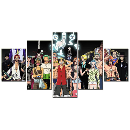 One Piece Canvas Wall Art - Luffy Zoro Sanji Straw Hat Crew 5 Piece Split Panel Anime Poster - Framed Ready to Hang Living Room & Man Cave Decor - OP5113
