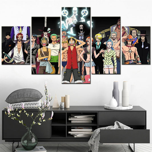One Piece Canvas Wall Art - Luffy Zoro Sanji Straw Hat Crew 5 Piece Split Panel Anime Poster - Framed Ready to Hang Living Room & Man Cave Decor - OP5113