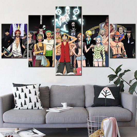 One Piece Canvas Wall Art - Luffy Zoro Sanji Straw Hat Crew 5 Piece Split Panel Anime Poster - Framed Ready to Hang Living Room & Man Cave Decor - OP5113