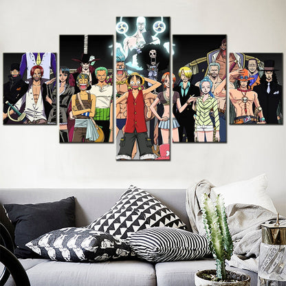 One Piece Canvas Wall Art - Luffy Zoro Sanji Straw Hat Crew 5 Piece Split Panel Anime Poster - Framed Ready to Hang Living Room & Man Cave Decor - OP5113
