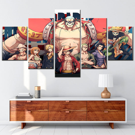 One Piece Canvas Wall Art - Luffy Zoro Sanji Straw Hat Crew 5 Piece Split Panel Anime Poster - Framed Ready to Hang Living Room & Man Cave Decor - OP5114