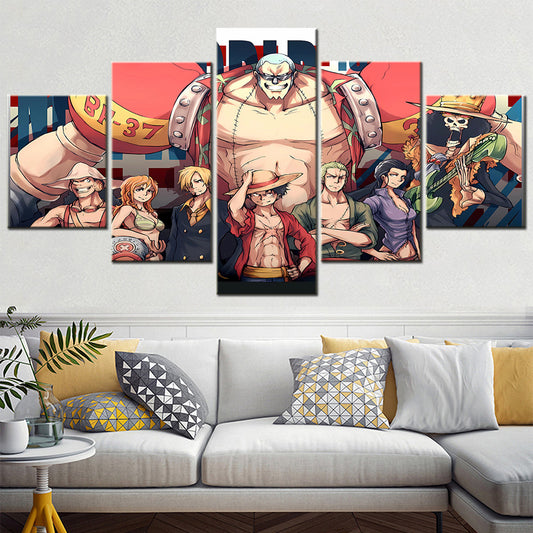 One Piece Canvas Wall Art - Luffy Zoro Sanji Straw Hat Crew 5 Piece Split Panel Anime Poster - Framed Ready to Hang Living Room & Man Cave Decor - OP5114