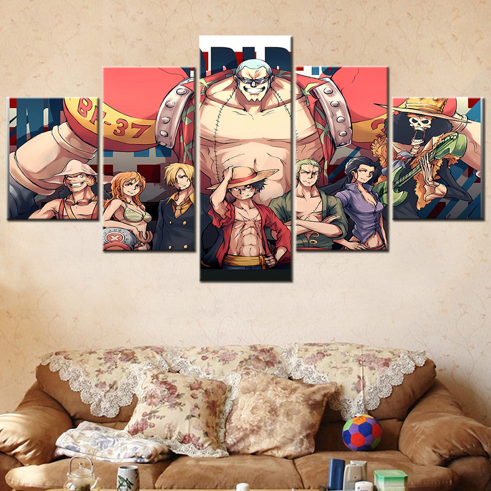 One Piece Canvas Wall Art - Luffy Zoro Sanji Straw Hat Crew 5 Piece Split Panel Anime Poster - Framed Ready to Hang Living Room & Man Cave Decor - OP5114