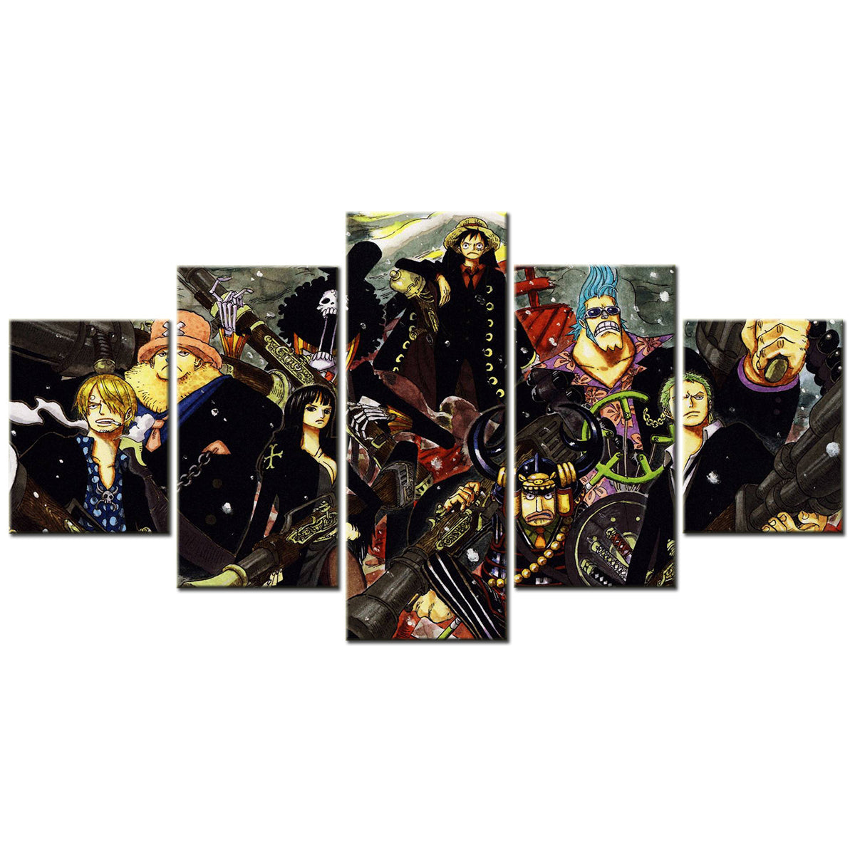 One Piece Canvas Wall Art - Luffy Zoro Sanji Straw Hat Crew 5 Piece Split Panel Anime Poster - Framed Ready to Hang Living Room & Man Cave Decor - OP5115