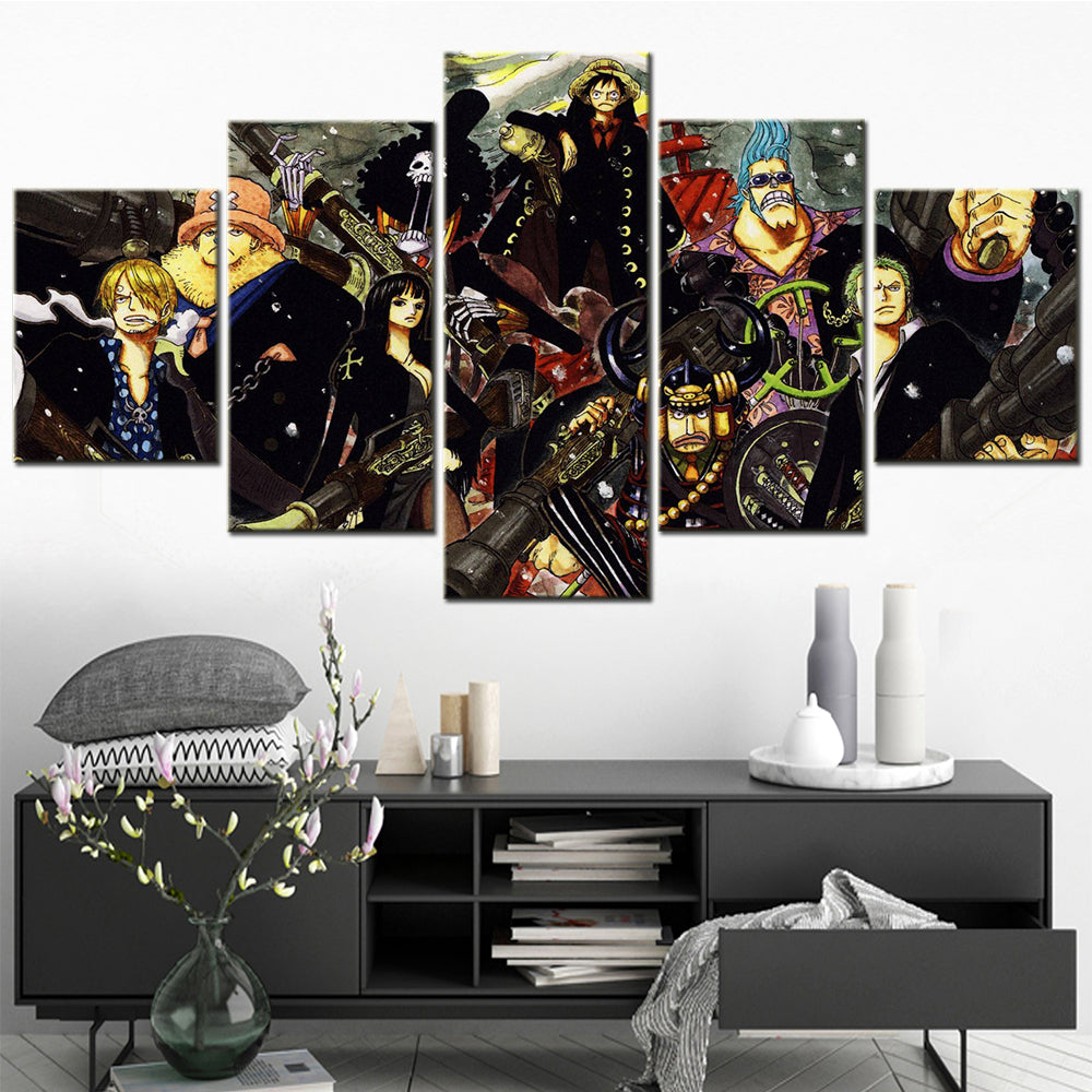 One Piece Canvas Wall Art - Luffy Zoro Sanji Straw Hat Crew 5 Piece Split Panel Anime Poster - Framed Ready to Hang Living Room & Man Cave Decor - OP5115
