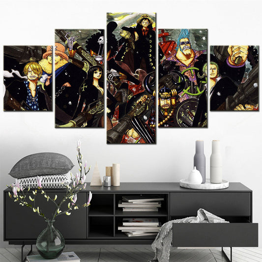 One Piece Canvas Wall Art - Luffy Zoro Sanji Straw Hat Crew 5 Piece Split Panel Anime Poster - Framed Ready to Hang Living Room & Man Cave Decor - OP5115