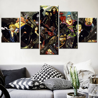 One Piece Canvas Wall Art - Luffy Zoro Sanji Straw Hat Crew 5 Piece Split Panel Anime Poster - Framed Ready to Hang Living Room & Man Cave Decor - OP5115