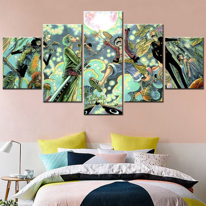 One Piece Canvas Wall Art - Luffy Zoro Sanji Straw Hat Crew 5 Piece Split Panel Anime Poster - Framed Ready to Hang Living Room & Man Cave Decor - OP5116