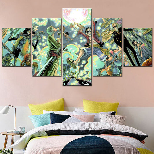 One Piece Canvas Wall Art - Luffy Zoro Sanji Straw Hat Crew 5 Piece Split Panel Anime Poster - Framed Ready to Hang Living Room & Man Cave Decor - OP5116
