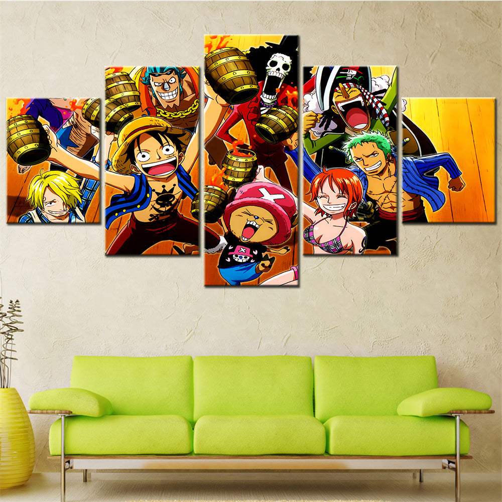One Piece Canvas Wall Art - Luffy Zoro Sanji Straw Hat Crew 5 Piece Split Panel Anime Poster - Framed Ready to Hang Living Room & Man Cave Decor - OP5117