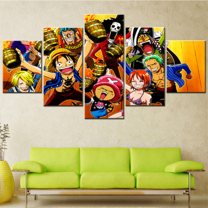 One Piece Canvas Wall Art - Luffy Zoro Sanji Straw Hat Crew 5 Piece Split Panel Anime Poster - Framed Ready to Hang Living Room & Man Cave Decor - OP5117