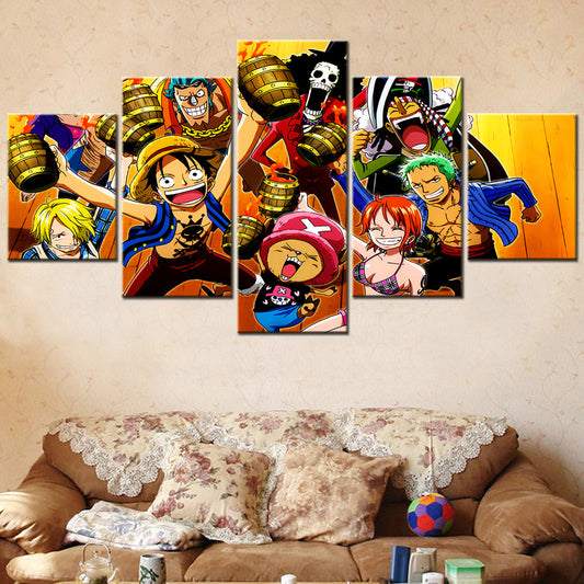 One Piece Canvas Wall Art - Luffy Zoro Sanji Straw Hat Crew 5 Piece Split Panel Anime Poster - Framed Ready to Hang Living Room & Man Cave Decor - OP5117