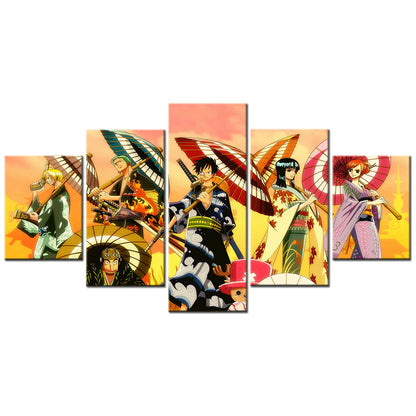 One Piece Canvas Wall Art - Luffy Zoro Sanji Straw Hat Crew 5 Piece Split Panel Anime Poster - Framed Ready to Hang Living Room & Man Cave Decor - OP5118