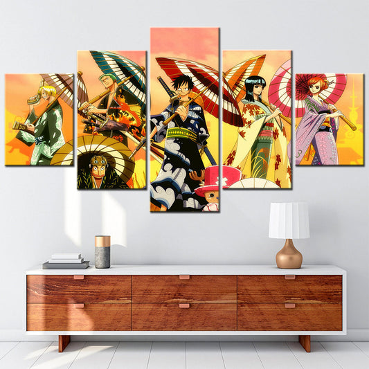 One Piece Canvas Wall Art - Luffy Zoro Sanji Straw Hat Crew 5 Piece Split Panel Anime Poster - Framed Ready to Hang Living Room & Man Cave Decor - OP5118