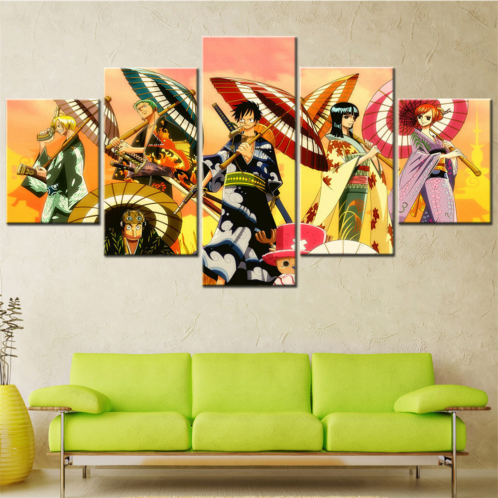 One Piece Canvas Wall Art - Luffy Zoro Sanji Straw Hat Crew 5 Piece Split Panel Anime Poster - Framed Ready to Hang Living Room & Man Cave Decor - OP5118