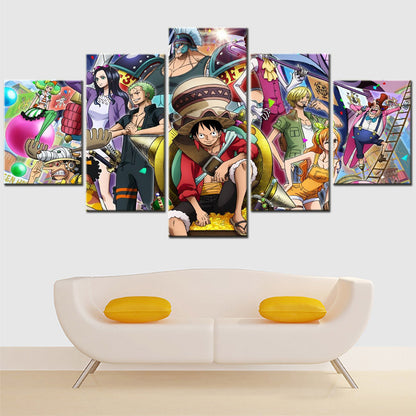 One Piece Canvas Wall Art - Luffy Zoro Sanji Straw Hat Crew 5 Piece Split Panel Anime Poster - Framed Ready to Hang Living Room & Man Cave Decor - OP5119