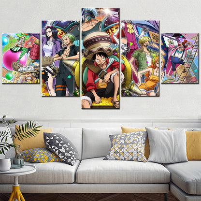 One Piece Canvas Wall Art - Luffy Zoro Sanji Straw Hat Crew 5 Piece Split Panel Anime Poster - Framed Ready to Hang Living Room & Man Cave Decor - OP5119