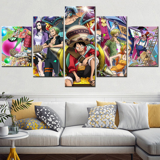 One Piece Canvas Wall Art - Luffy Zoro Sanji Straw Hat Crew 5 Piece Split Panel Anime Poster - Framed Ready to Hang Living Room & Man Cave Decor - OP5119