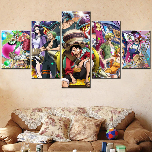 One Piece Canvas Wall Art - Luffy Zoro Sanji Straw Hat Crew 5 Piece Split Panel Anime Poster - Framed Ready to Hang Living Room & Man Cave Decor - OP5119