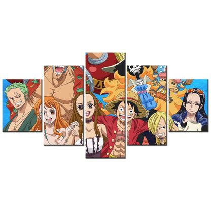 One Piece Canvas Wall Art - Luffy Zoro Sanji Straw Hat Crew 5 Piece Split Panel Anime Poster - Framed Ready to Hang Living Room & Man Cave Decor - OP5120