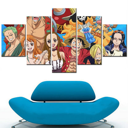 One Piece Canvas Wall Art - Luffy Zoro Sanji Straw Hat Crew 5 Piece Split Panel Anime Poster - Framed Ready to Hang Living Room & Man Cave Decor - OP5120