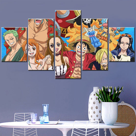 One Piece Canvas Wall Art - Luffy Zoro Sanji Straw Hat Crew 5 Piece Split Panel Anime Poster - Framed Ready to Hang Living Room & Man Cave Decor - OP5120