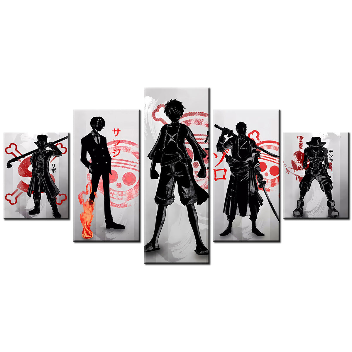 One Piece Canvas Wall Art - Luffy Ace Sabo Zoro Sanji 5 Piece Split Panel Anime Poster - Framed Ready to Hang Living Room & Man Cave Decor - OP5122
