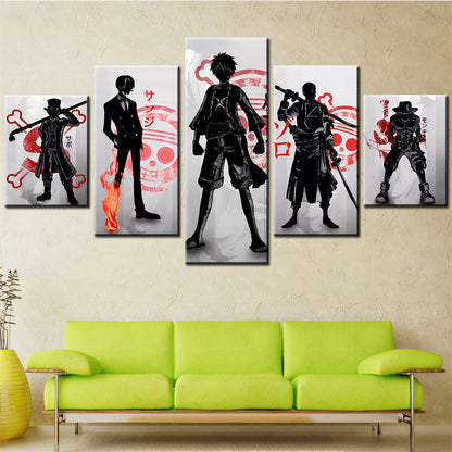One Piece Canvas Wall Art - Luffy Ace Sabo Zoro Sanji 5 Piece Split Panel Anime Poster - Framed Ready to Hang Living Room & Man Cave Decor - OP5122