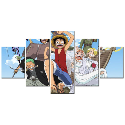 One Piece Monster Trio Canvas Wall Art - Luffy Zoro Sanji 5 Piece Split Panel Anime Poster - Framed Ready to Hang Living Room & Man Cave Decor - OP5123
