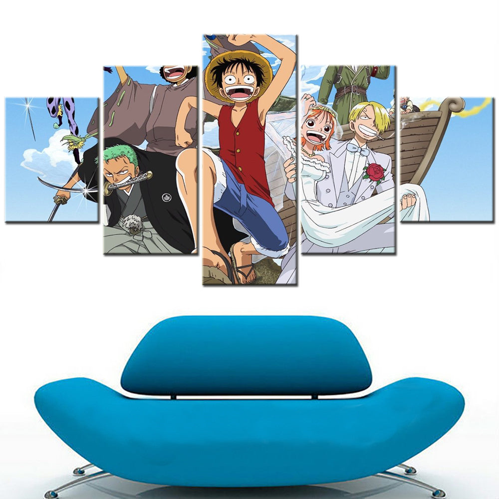 One Piece Monster Trio Canvas Wall Art - Luffy Zoro Sanji 5 Piece Split Panel Anime Poster - Framed Ready to Hang Living Room & Man Cave Decor - OP5123