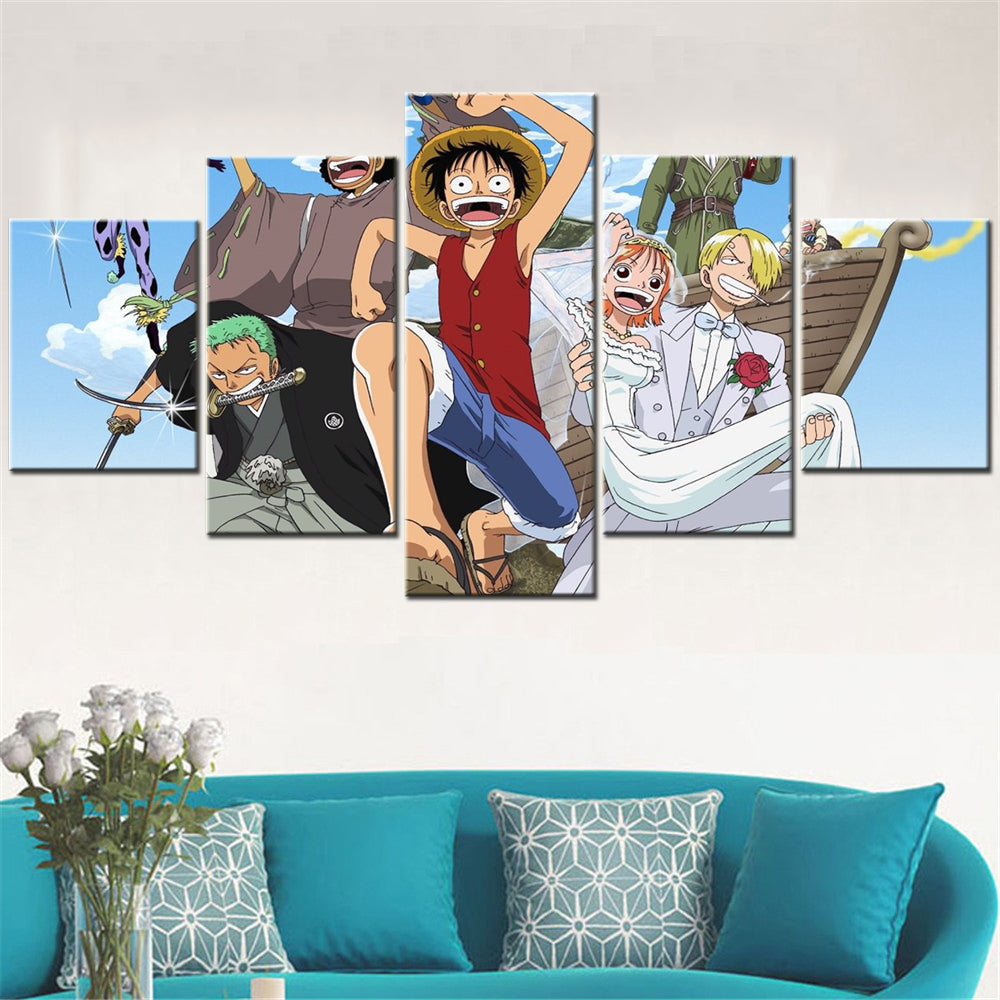 One Piece Monster Trio Canvas Wall Art - Luffy Zoro Sanji 5 Piece Split Panel Anime Poster - Framed Ready to Hang Living Room & Man Cave Decor - OP5123