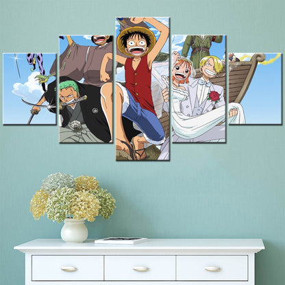 One Piece Monster Trio Canvas Wall Art - Luffy Zoro Sanji 5 Piece Split Panel Anime Poster - Framed Ready to Hang Living Room & Man Cave Decor - OP5123