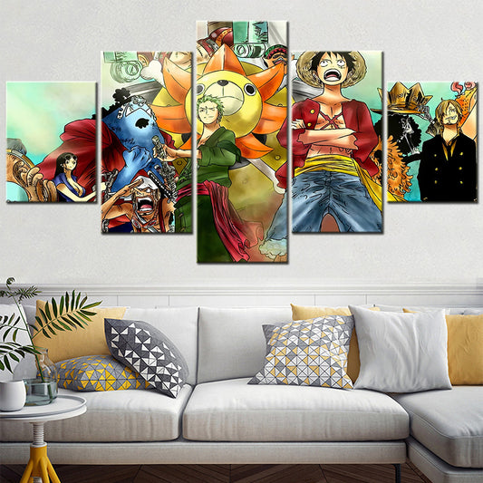 One Piece Canvas Wall Art - Luffy Zoro Sanji Straw Hat Crew 5 Piece Split Panel Anime Poster - Framed Ready to Hang Living Room & Man Cave Decor - OP5125