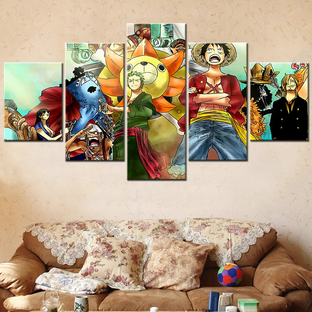 One Piece Canvas Wall Art - Luffy Zoro Sanji Straw Hat Crew 5 Piece Split Panel Anime Poster - Framed Ready to Hang Living Room & Man Cave Decor - OP5125